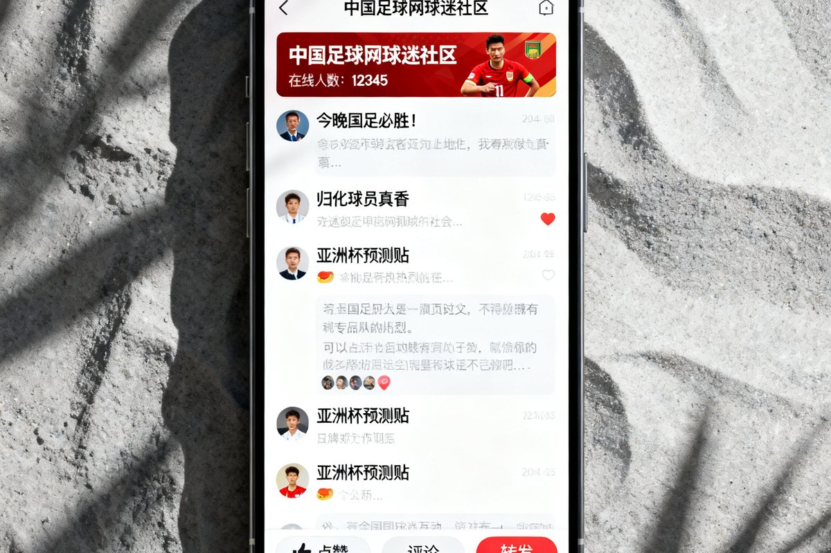 手机屏幕上显示中国足球网球迷社区界面，多条讨论帖实时滚动更新，展现球迷热烈互动的社交场景